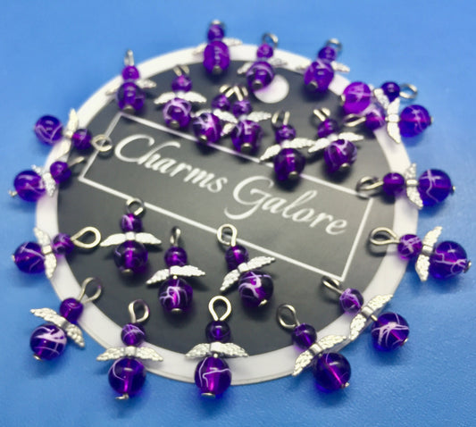12-100pcs Purple glass handmade angel charms, drawbench (plain, on clasps or lanyards)