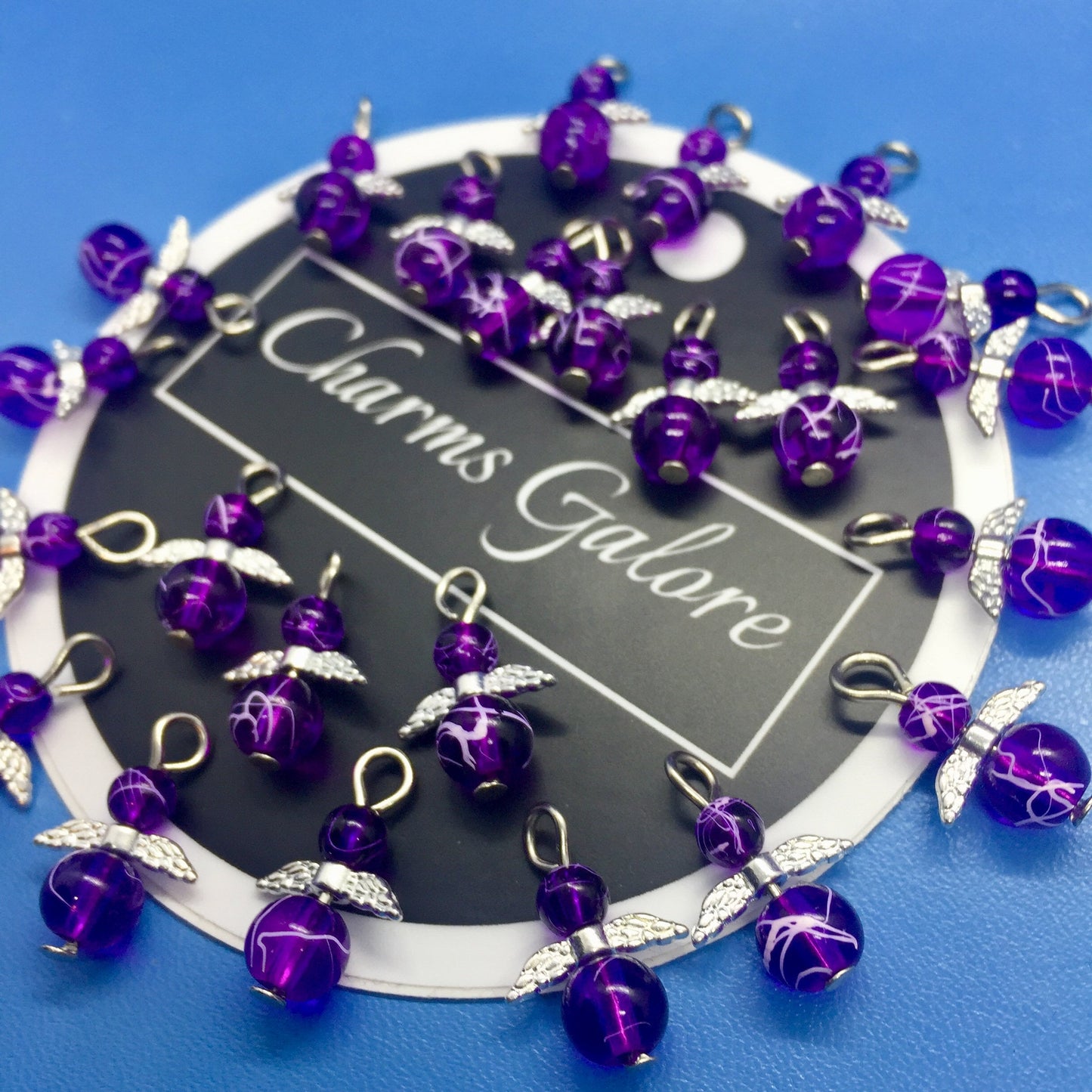 12-100pcs Purple glass handmade angel charms, drawbench (plain, on clasps or lanyards)