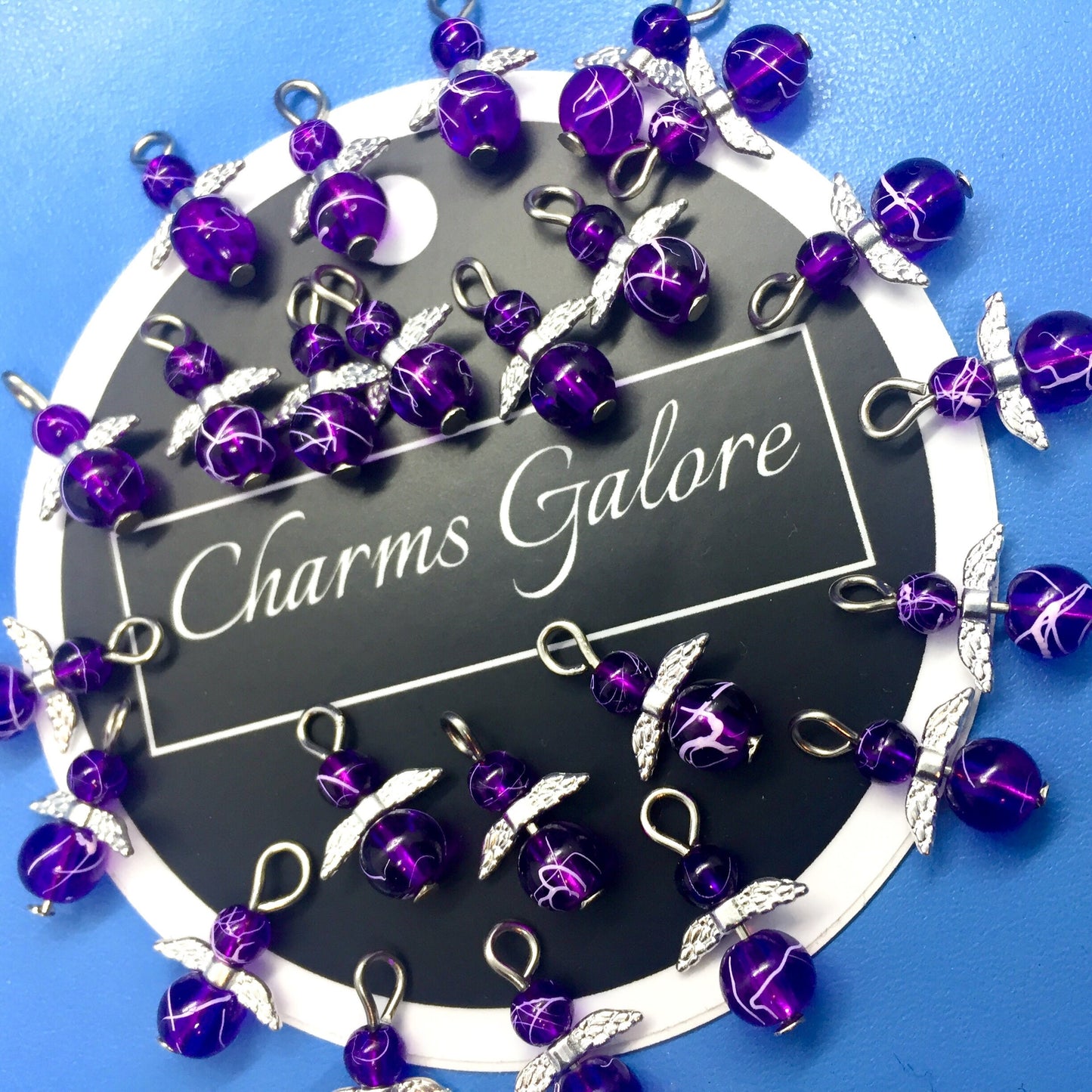 12-100pcs Purple glass handmade angel charms, drawbench (plain, on clasps or lanyards)