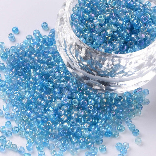 2mm blue rainbow AB finish glass seed beads, 50g