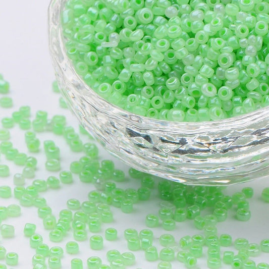2mm pale green pearlised glass seed beads, 50g