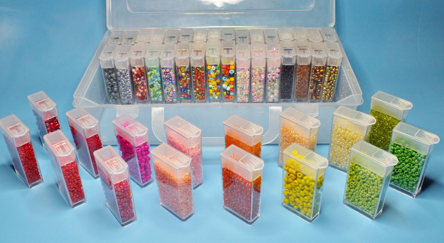 Giant seed bead variety box - 64 reusable tubs (2mm - 4mm) of seeds in a carrycase.