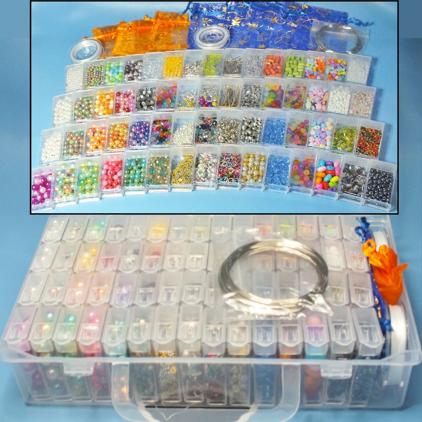 Ultimate jewellery making gift. Beads, charms, findings, thread etc in carrycase with 60 reusable boxes.
