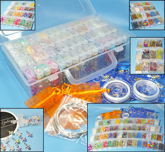 Ultimate jewellery making gift. Beads, charms, findings, thread etc in carrycase with 60 reusable boxes.