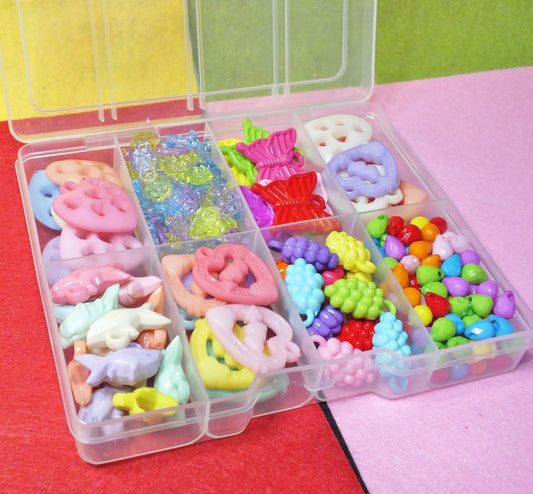 256pc mixed box of charms - hearts, flowers, butterflies, sharks, grapes, droplets