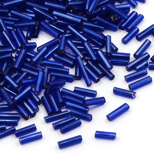 Blue 6-8mm glass bugle beads, 50g