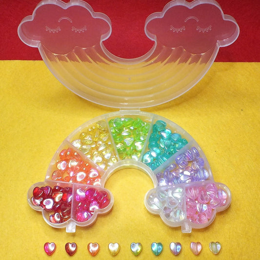 Rainbow hearts bead craft box - 225pcs, 9 colours, 8mm size.