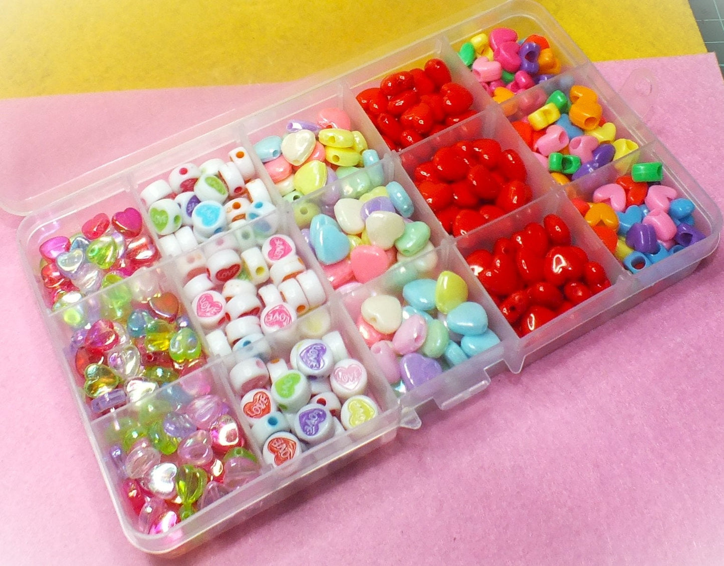 396pcs Love heart beads craft box - 5 styles, in a plastic storage box