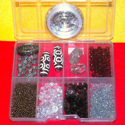 'Aztec' mix craft bead box plus reel of elastic - brown, clear, silver beads plus seeds