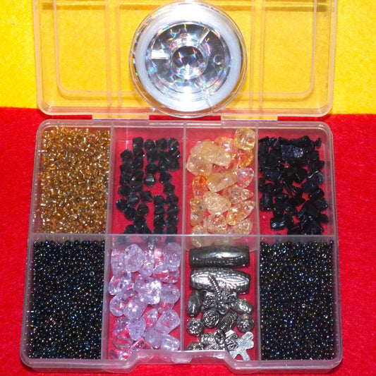 'Midnight' mix craft bead box plus reel of elastic - blue, silver, brown beads plus seeds