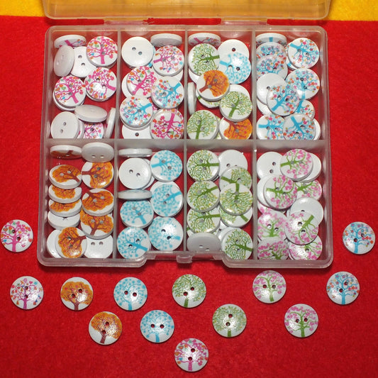 Wooden button selection box - 15mm mixed trees, 120pcs