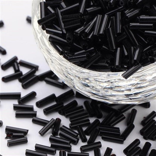 Black 6-8mm glass bugle beads, 50g