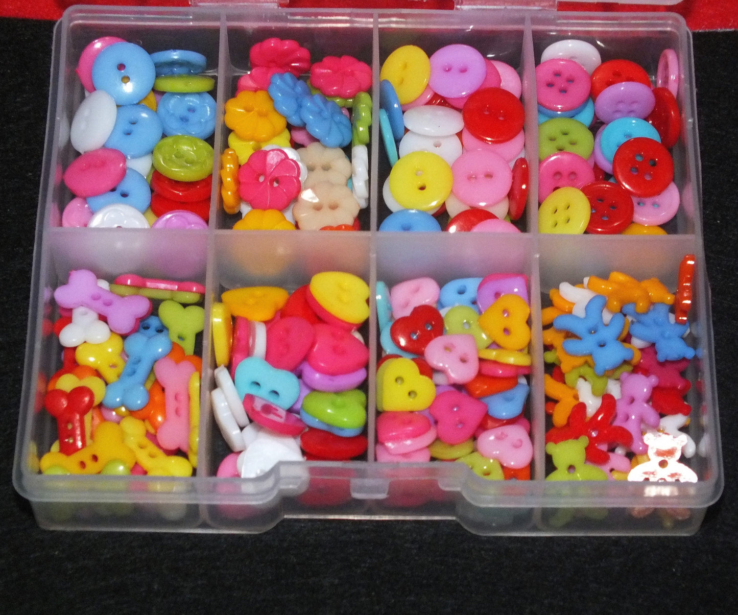 230pc button selection mix box - hearts, round, flowers, bears, dog bone