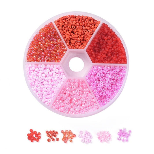 2mm seed bead selection box - red / pink, assorted styles and finishes