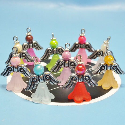 Rainbow frosted large angel charms (10-100pcs, plain, on clasps or lanyards)