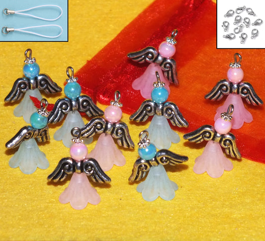 Blue/pink mix frosted large angel charms (10-100pcs, plain, on clasps or lanyards)
