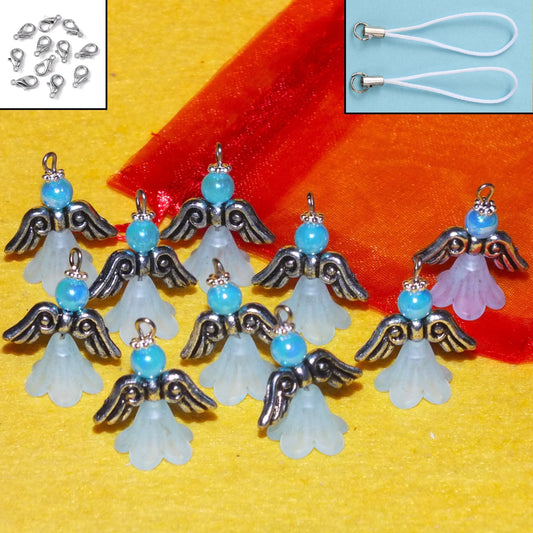 Blue frosted large angel charms (10-100pcs, plain, on clasps or lanyards)