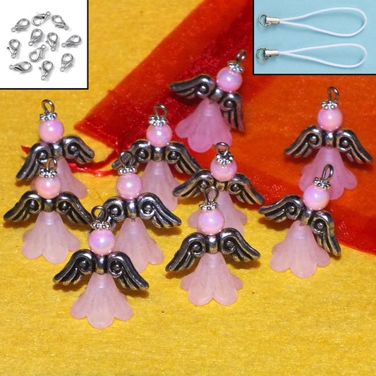 Pink frosted large angel charms (10-100pcs, plain, on clasps or lanyards)